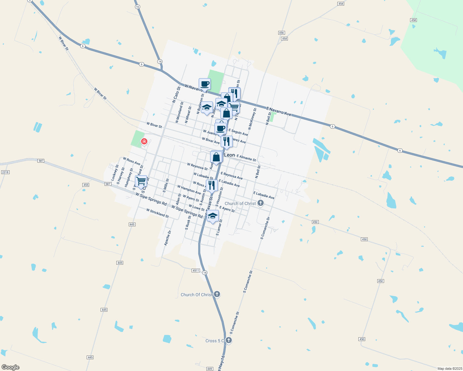 map of restaurants, bars, coffee shops, grocery stores, and more near 240 East Labadie Avenue in De Leon
