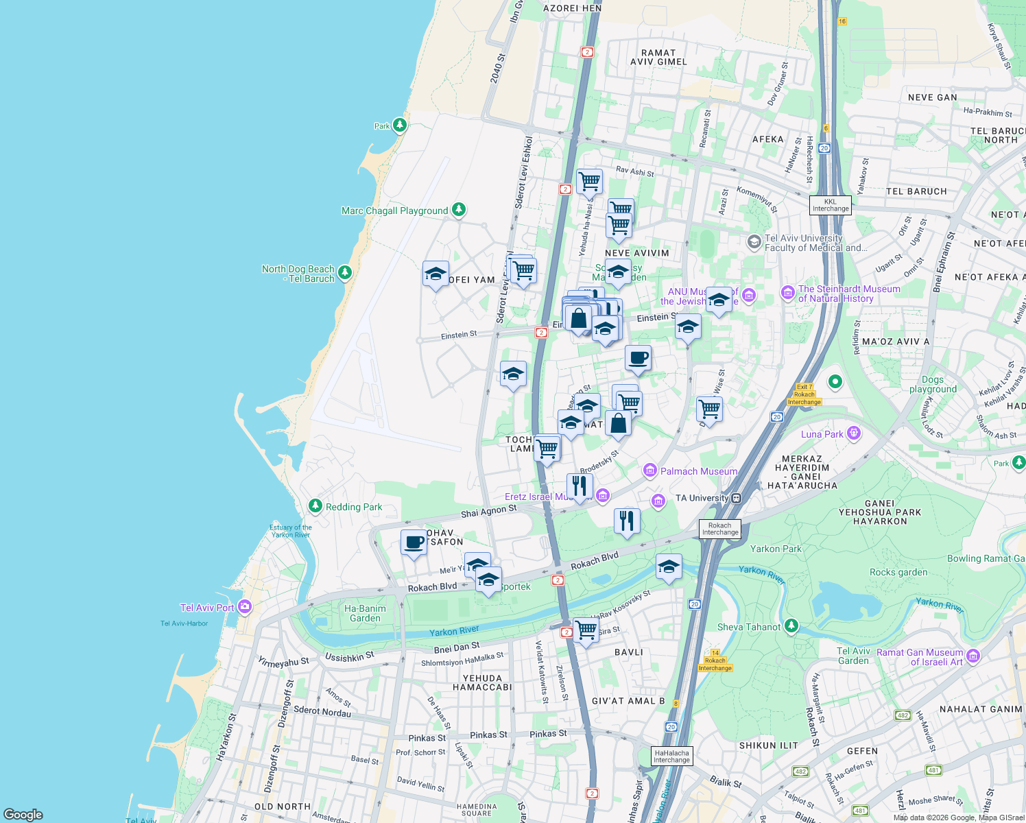 map of restaurants, bars, coffee shops, grocery stores, and more near Yehuda Burla Street in Tel Aviv-Yafo