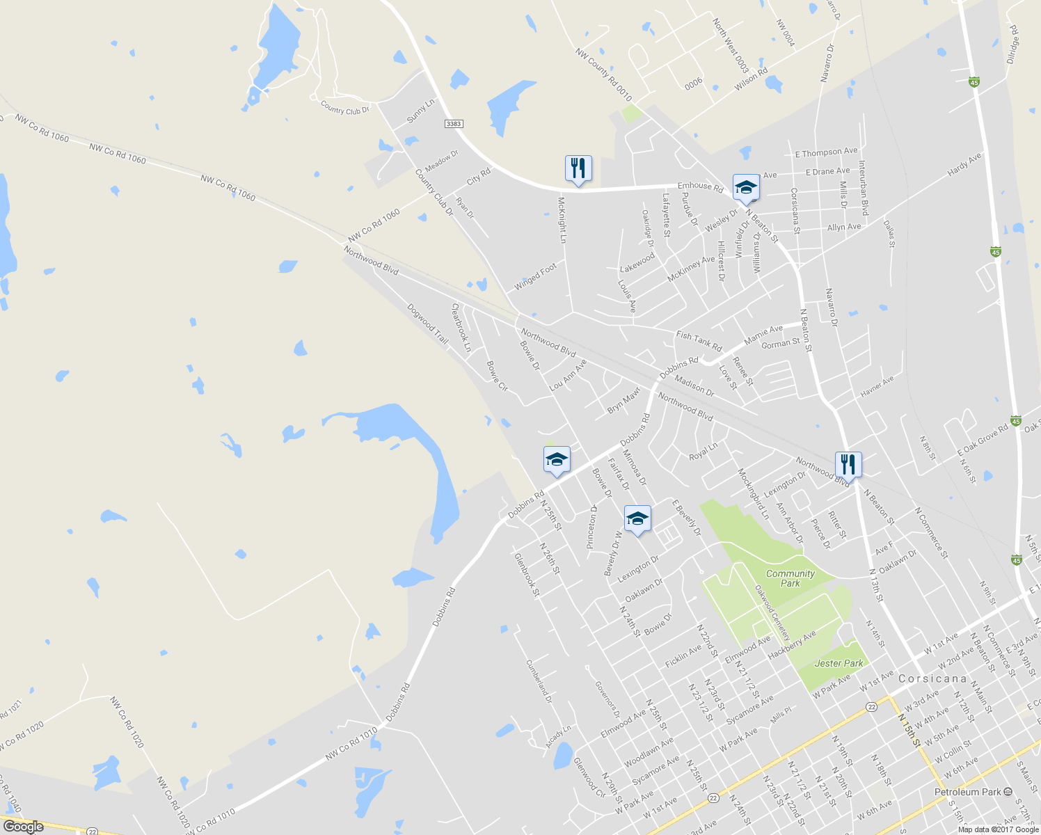 map of restaurants, bars, coffee shops, grocery stores, and more near 1425 Bowie Circle in Corsicana