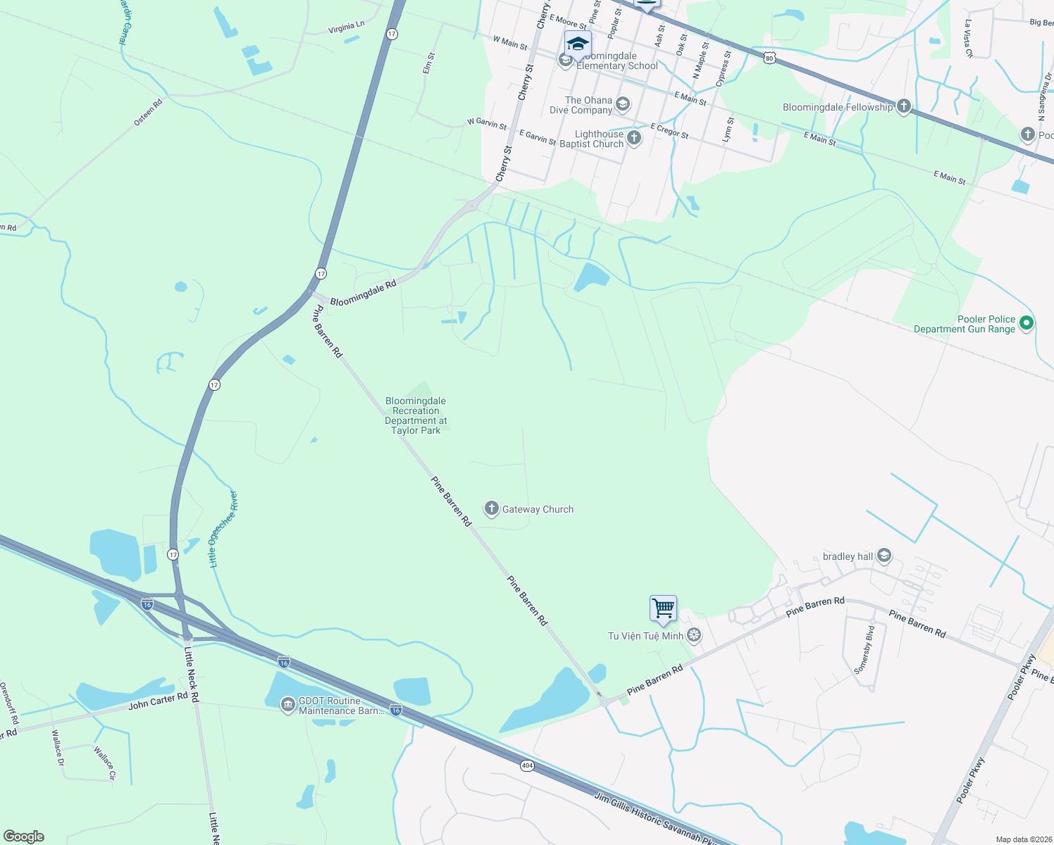map of restaurants, bars, coffee shops, grocery stores, and more near 1726 Pine Barren Road in Bloomingdale