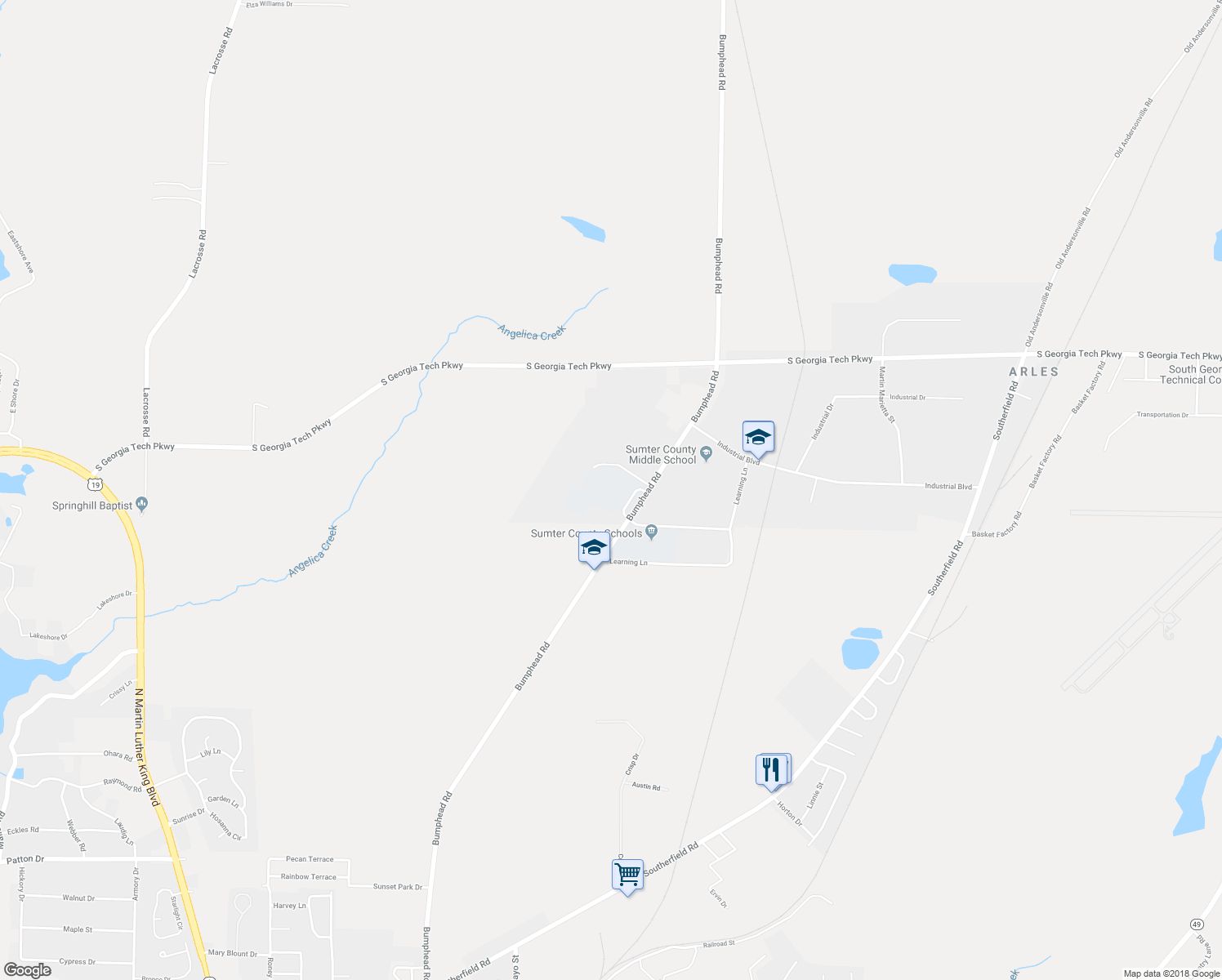 map of restaurants, bars, coffee shops, grocery stores, and more near 439 Bumphead Road in Americus