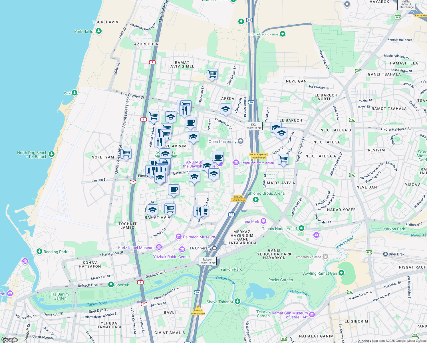 map of restaurants, bars, coffee shops, grocery stores, and more near in Tel Aviv-Yafo