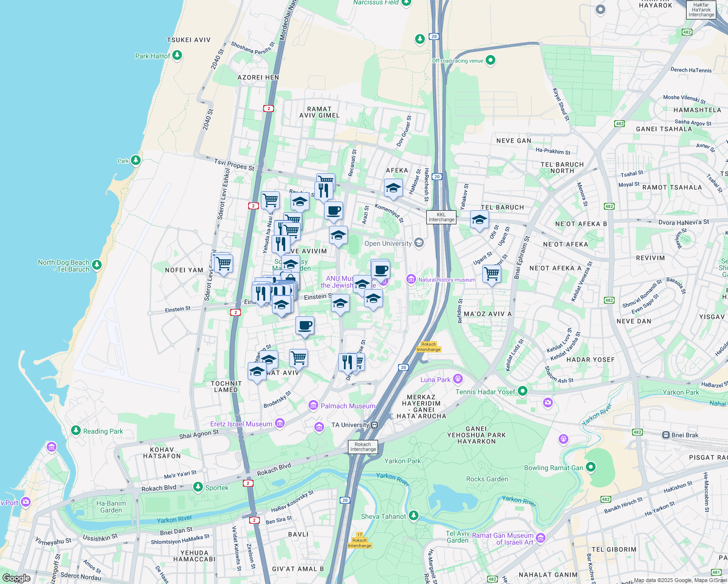 map of restaurants, bars, coffee shops, grocery stores, and more near 55 Chaim Levanon Street in Tel Aviv-Yafo