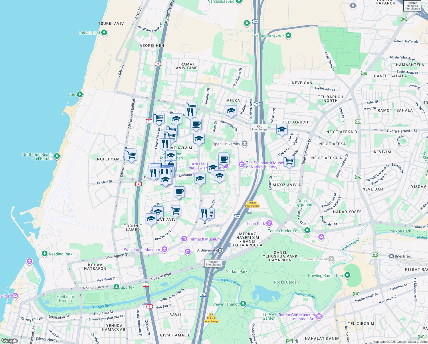 map of restaurants, bars, coffee shops, grocery stores, and more near 55 Chaim Levanon Street in Tel Aviv-Yafo