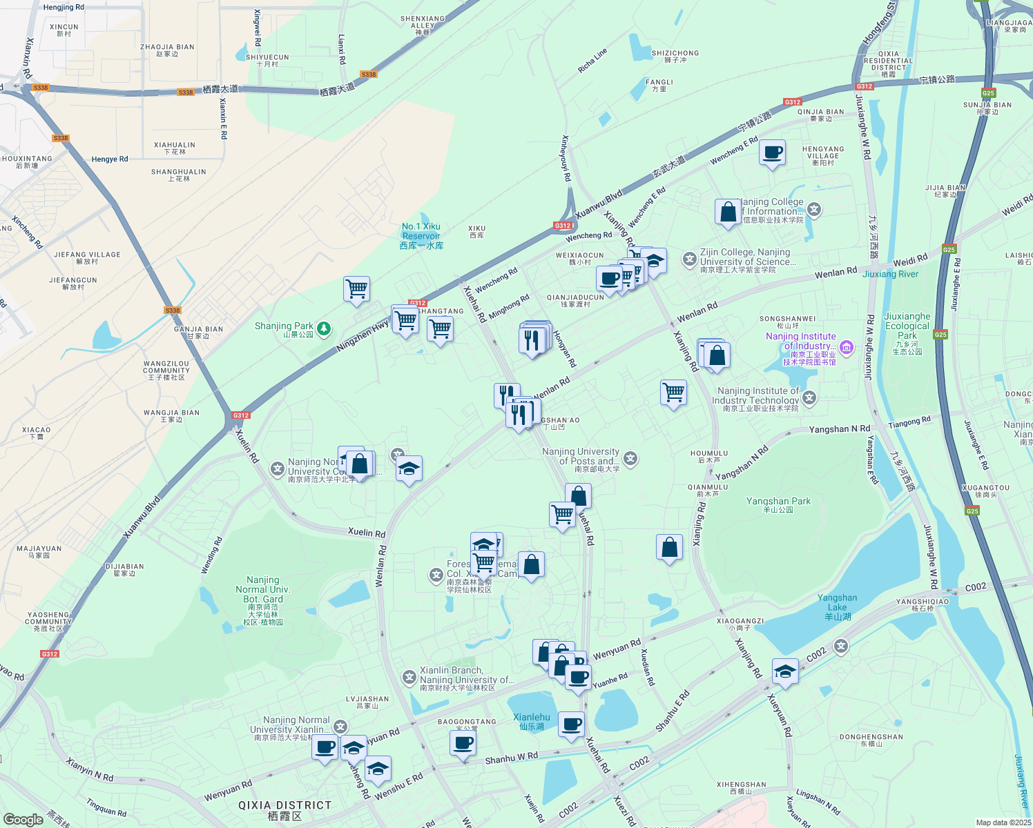map of restaurants, bars, coffee shops, grocery stores, and more near Wen Lan Lu in Nan Jing Shi