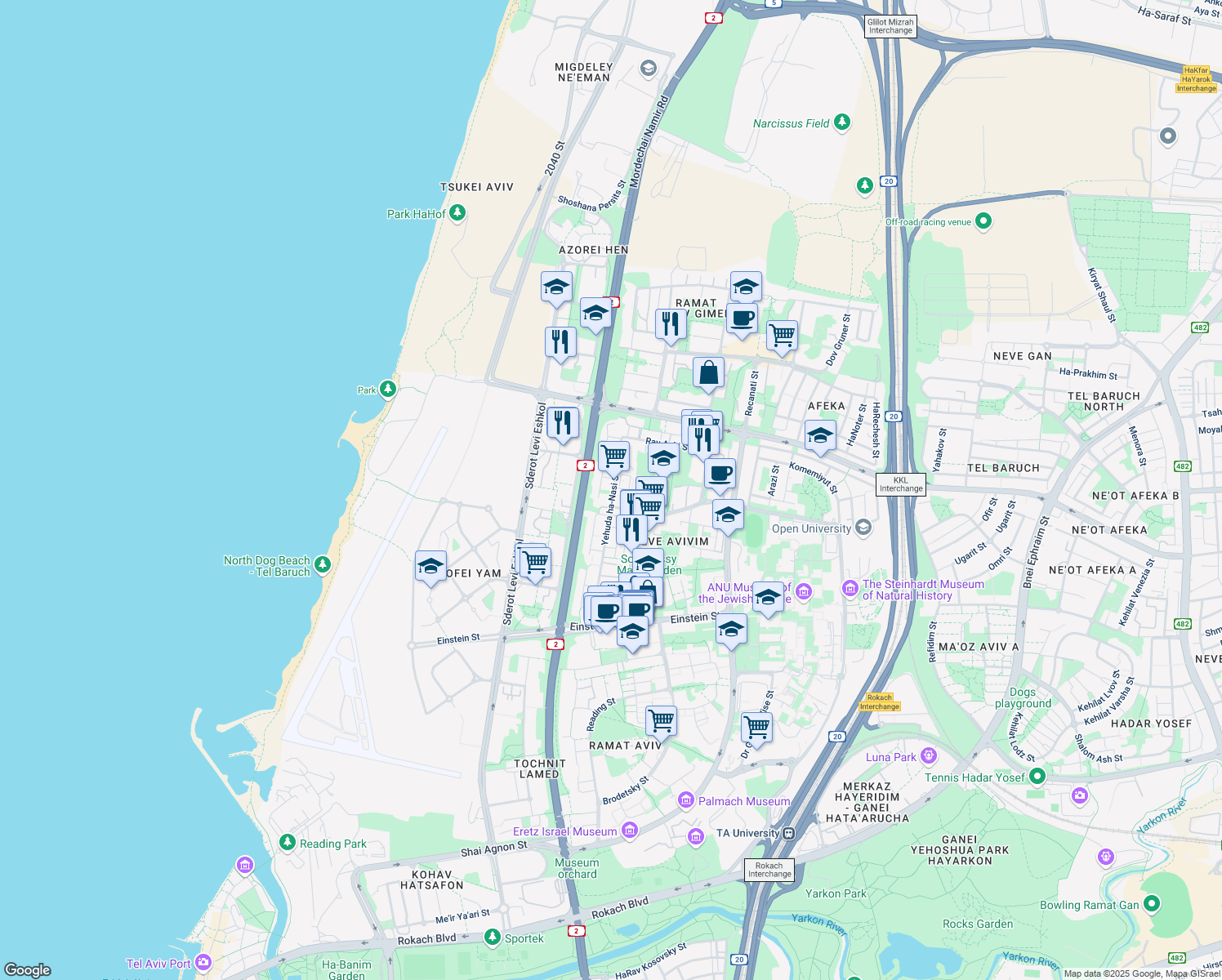 map of restaurants, bars, coffee shops, grocery stores, and more near  in Tel Aviv