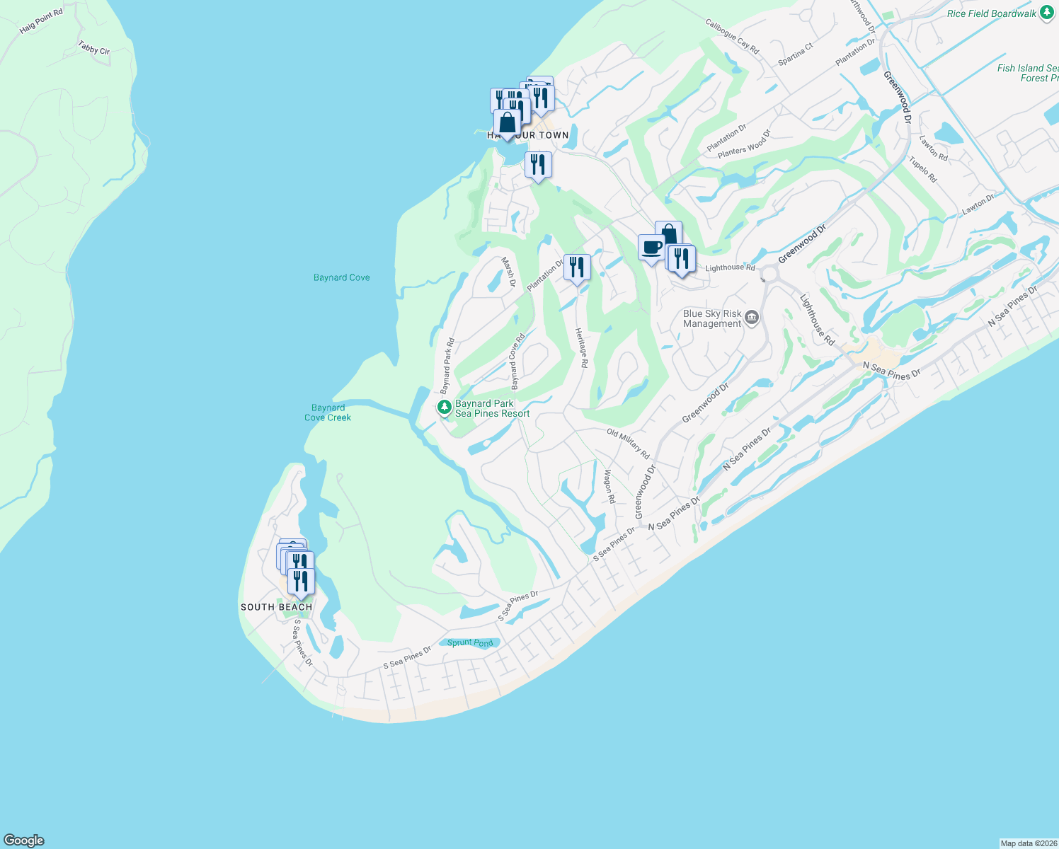 map of restaurants, bars, coffee shops, grocery stores, and more near 12 Heritage Ct in Hilton Head Island