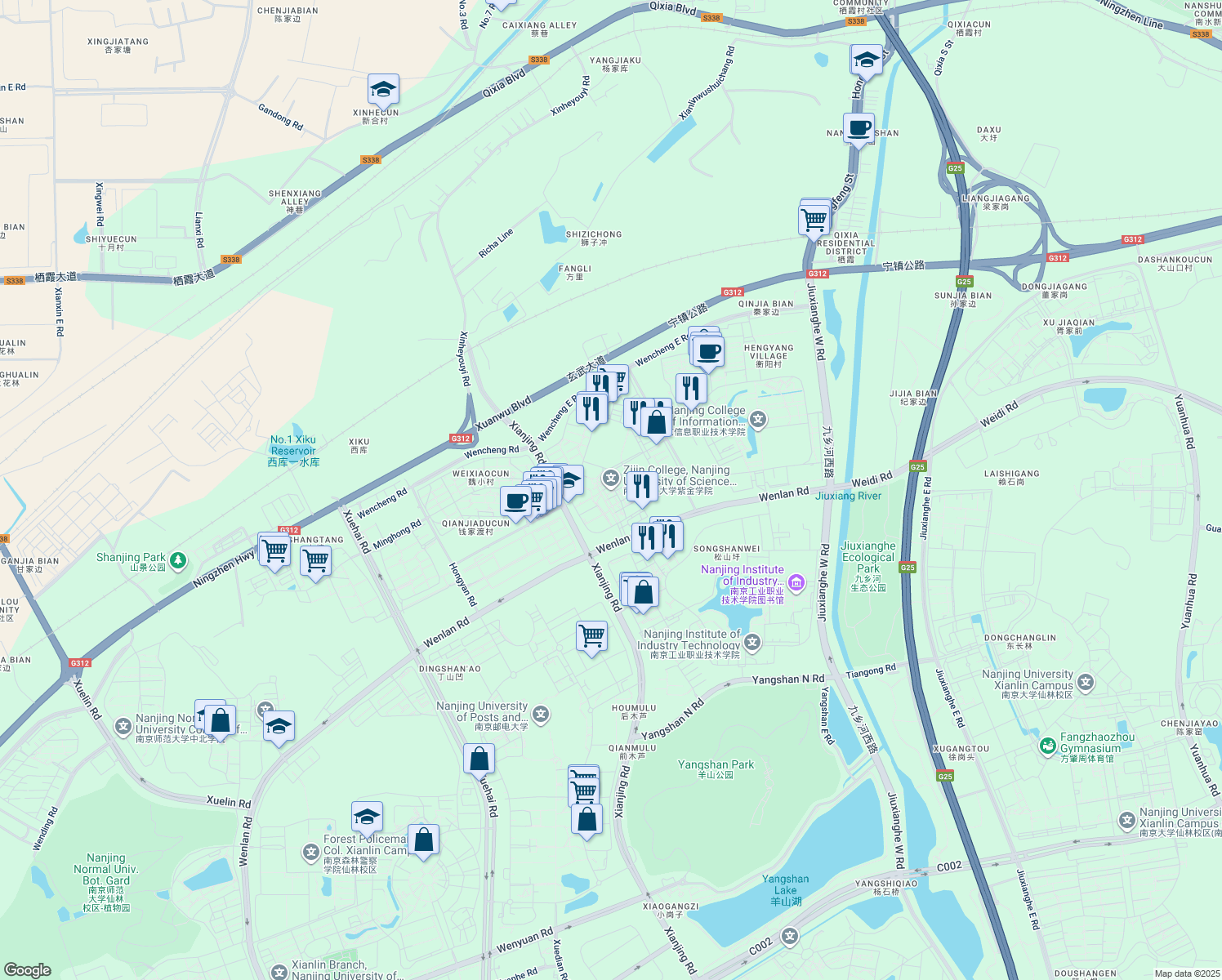 map of restaurants, bars, coffee shops, grocery stores, and more near Wen Lan Lu in Nan Jing Shi