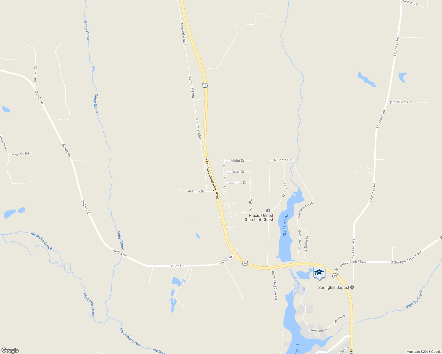 map of restaurants, bars, coffee shops, grocery stores, and more near 151 Orchid Road in Americus