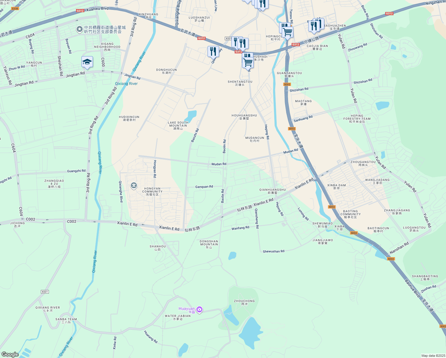 map of restaurants, bars, coffee shops, grocery stores, and more near Bao Lin Lu in Zhen Jiang Shi