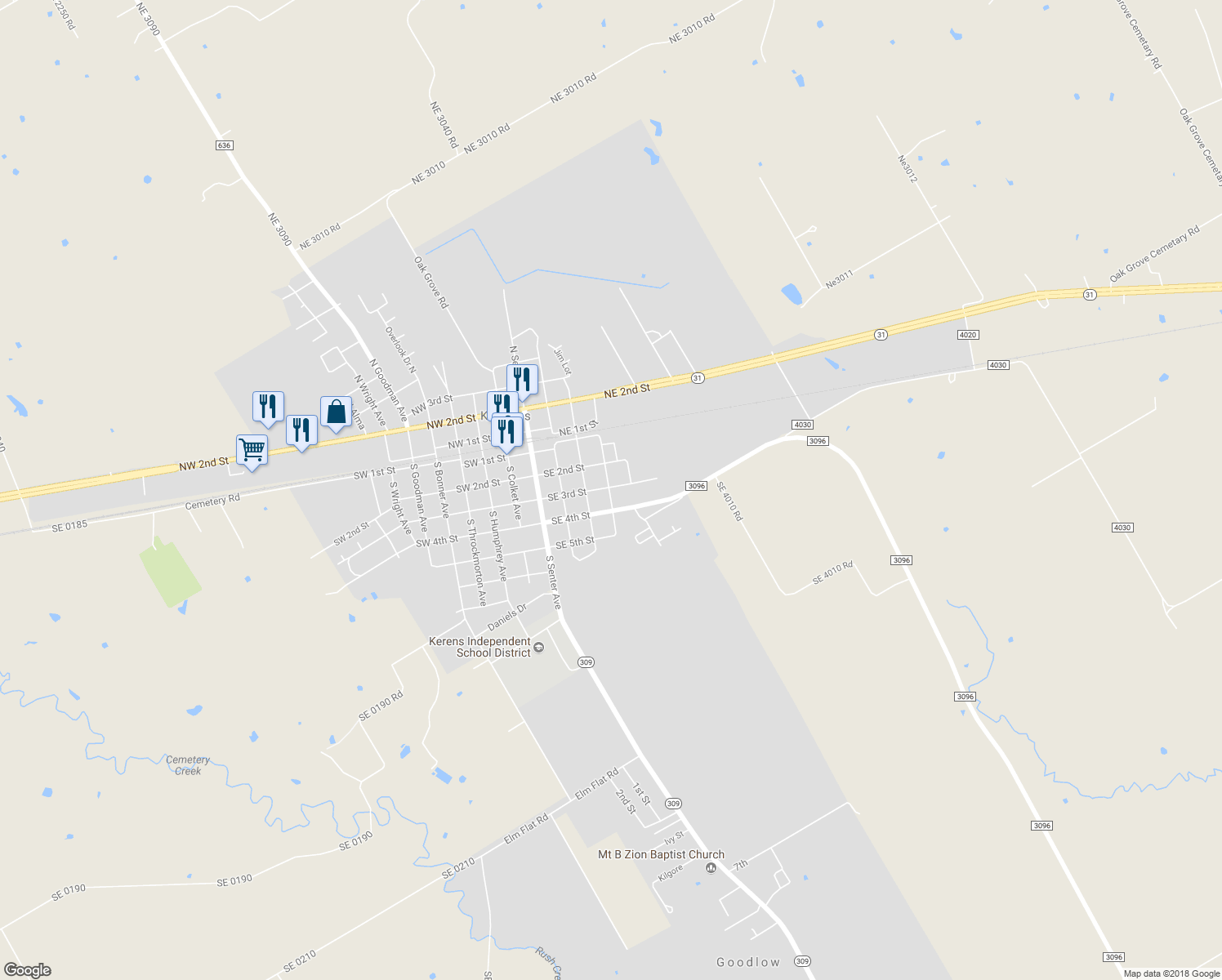 map of restaurants, bars, coffee shops, grocery stores, and more near 511 Southeast 3rd Street in Kerens