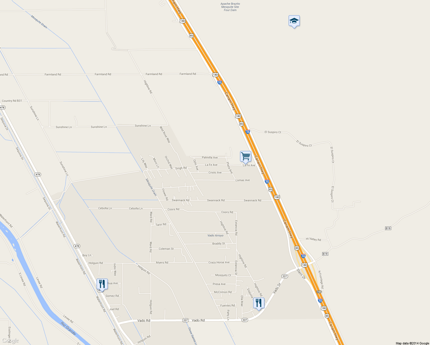 map of restaurants, bars, coffee shops, grocery stores, and more near Cristo Avenue in Mesquite