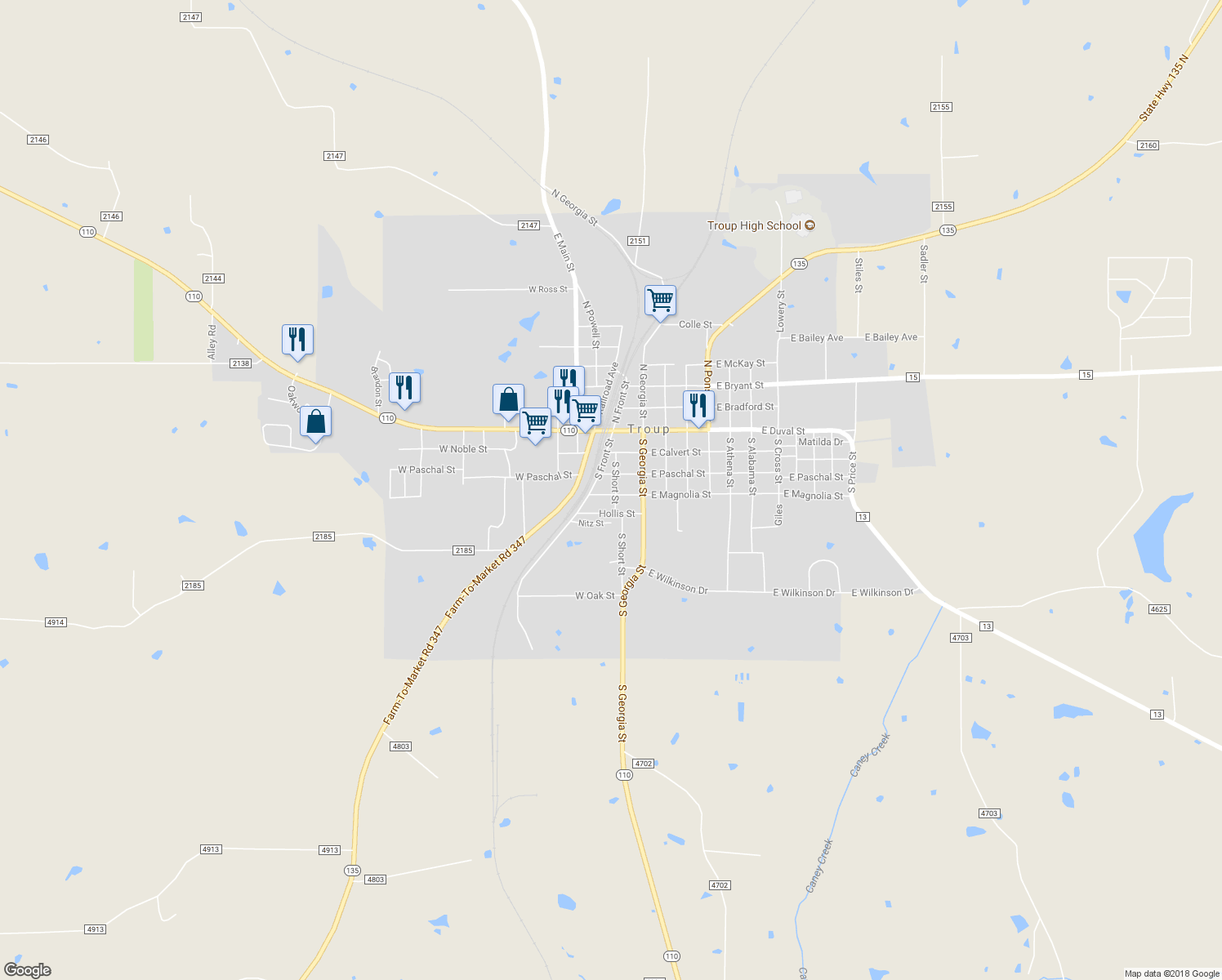 map of restaurants, bars, coffee shops, grocery stores, and more near 305 South Short Street in Troup