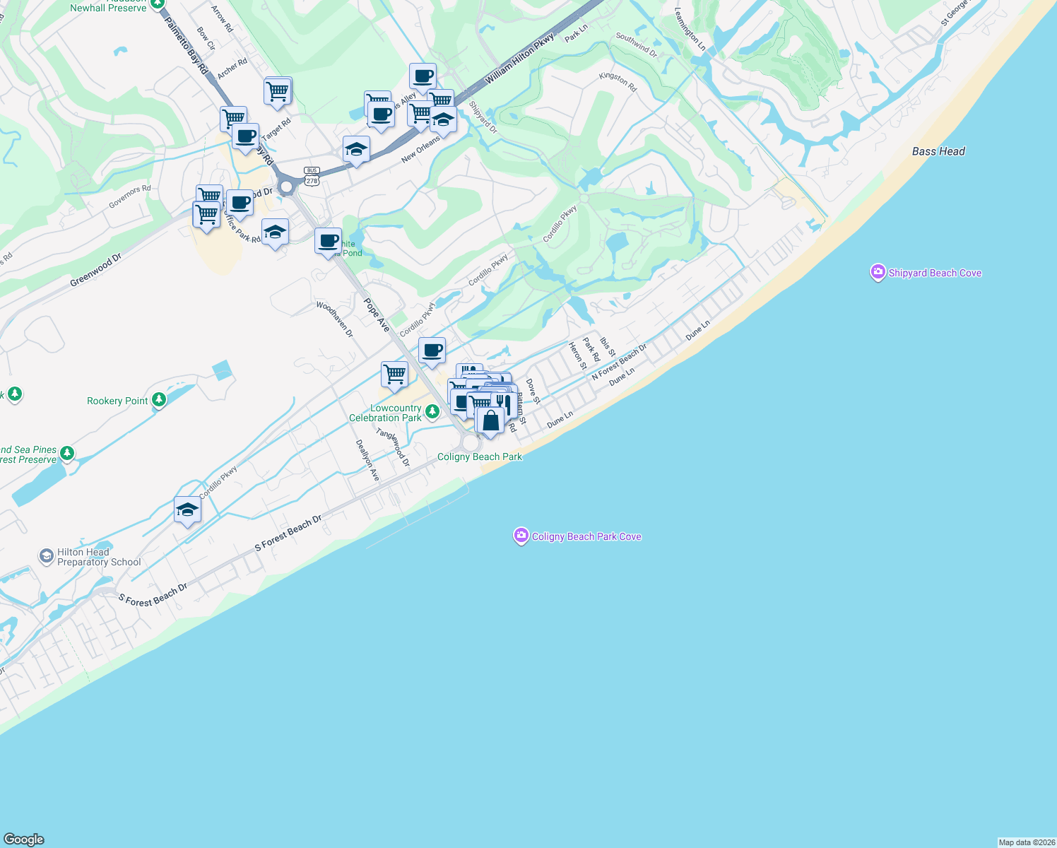 map of restaurants, bars, coffee shops, grocery stores, and more near 17 Bittern Street in Hilton Head Island