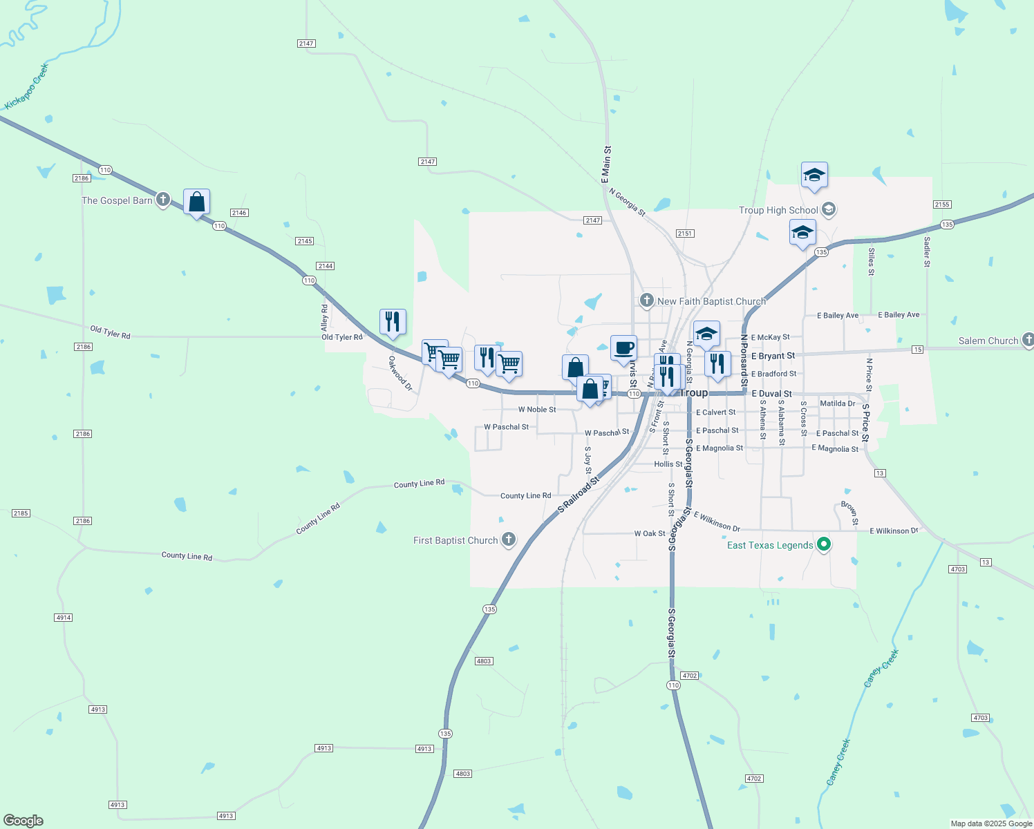 map of restaurants, bars, coffee shops, grocery stores, and more near 1104 W Noble St in Troup
