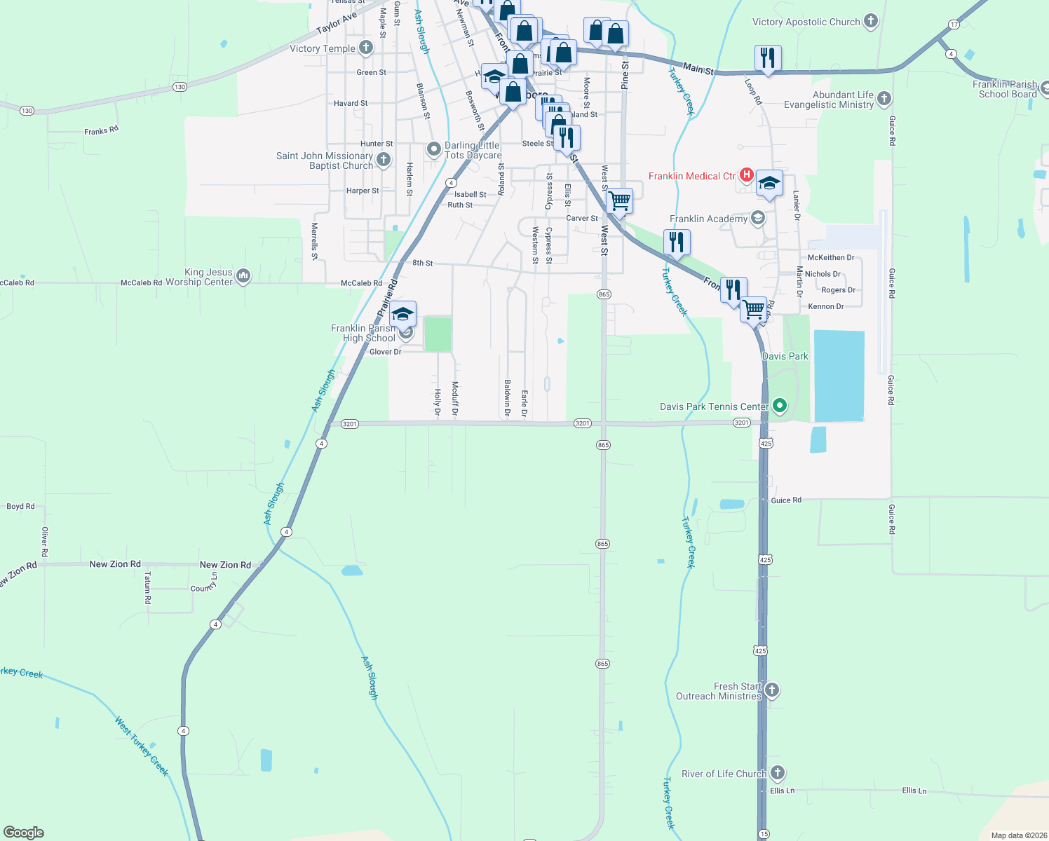 map of restaurants, bars, coffee shops, grocery stores, and more near 3282 Earle Dr in Winnsboro