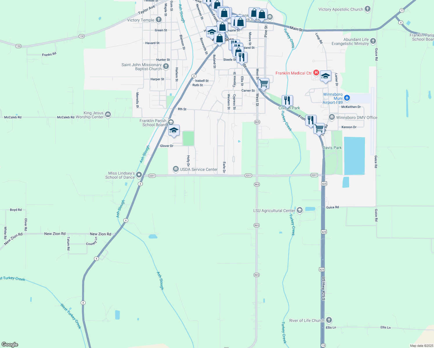 map of restaurants, bars, coffee shops, grocery stores, and more near 3296 Baldwin Drive in Winnsboro