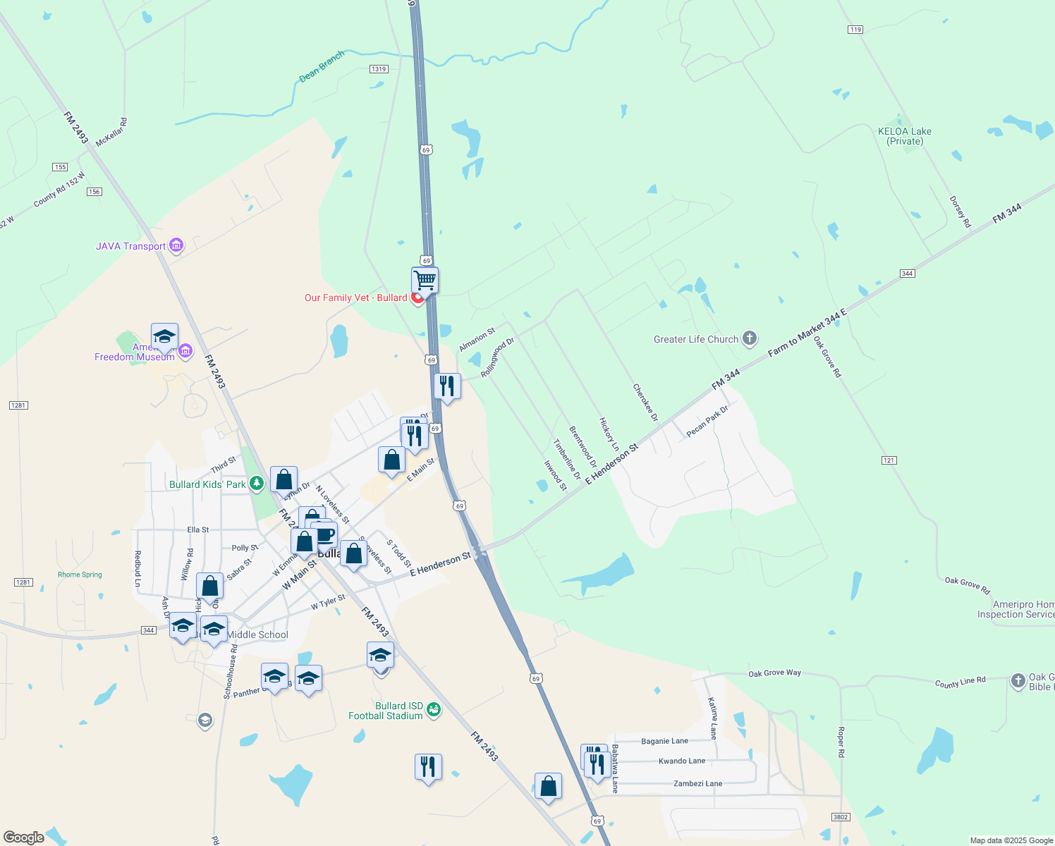 map of restaurants, bars, coffee shops, grocery stores, and more near 317 Inwood Dr in Bullard