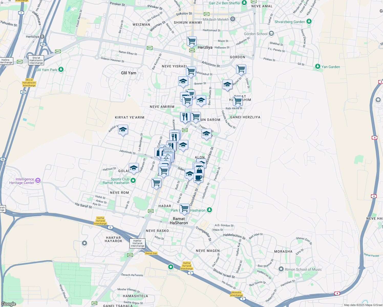 map of restaurants, bars, coffee shops, grocery stores, and more near in Ramat HaSharon