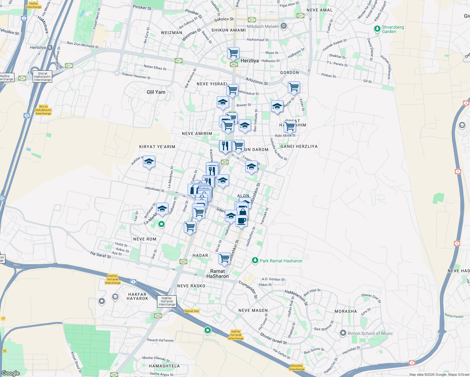 map of restaurants, bars, coffee shops, grocery stores, and more near 3 Ha-Broshim Street in Ramat Hasharon