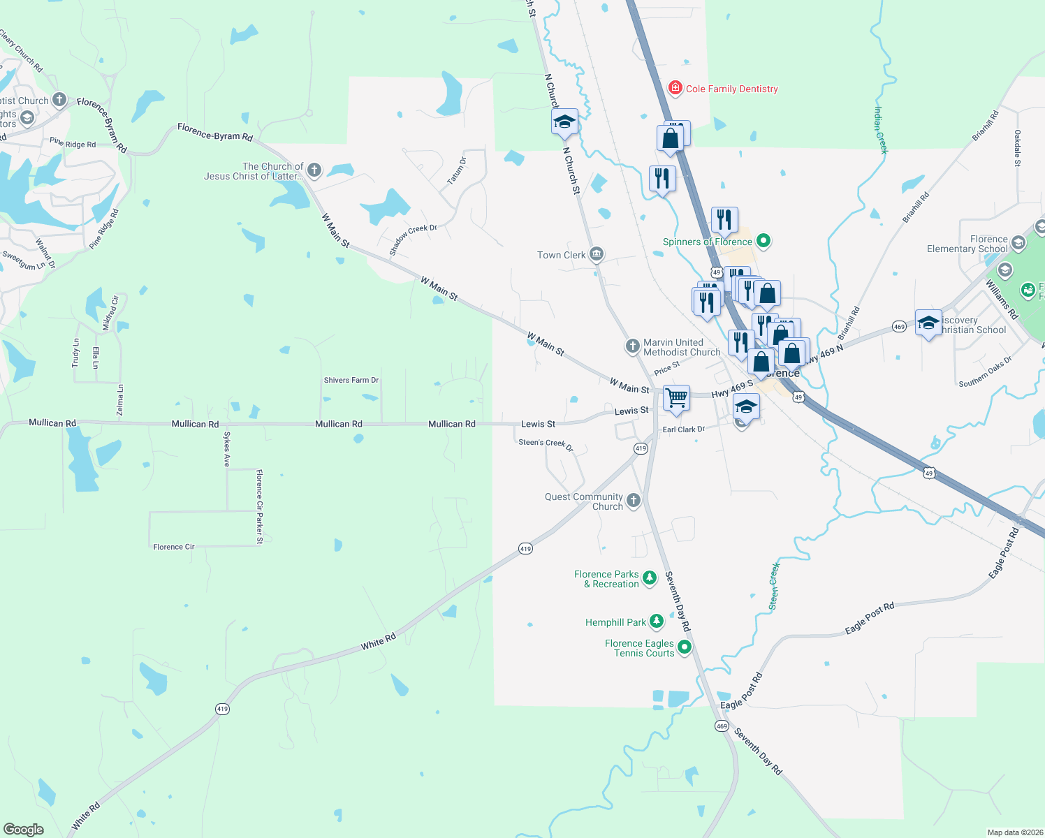 map of restaurants, bars, coffee shops, grocery stores, and more near 238 Lewis Street in Florence