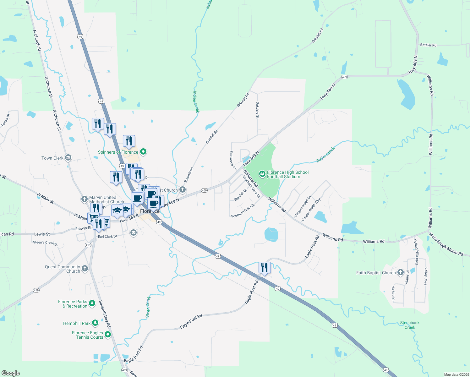 map of restaurants, bars, coffee shops, grocery stores, and more near 205 Shady Pecan Drive in Florence