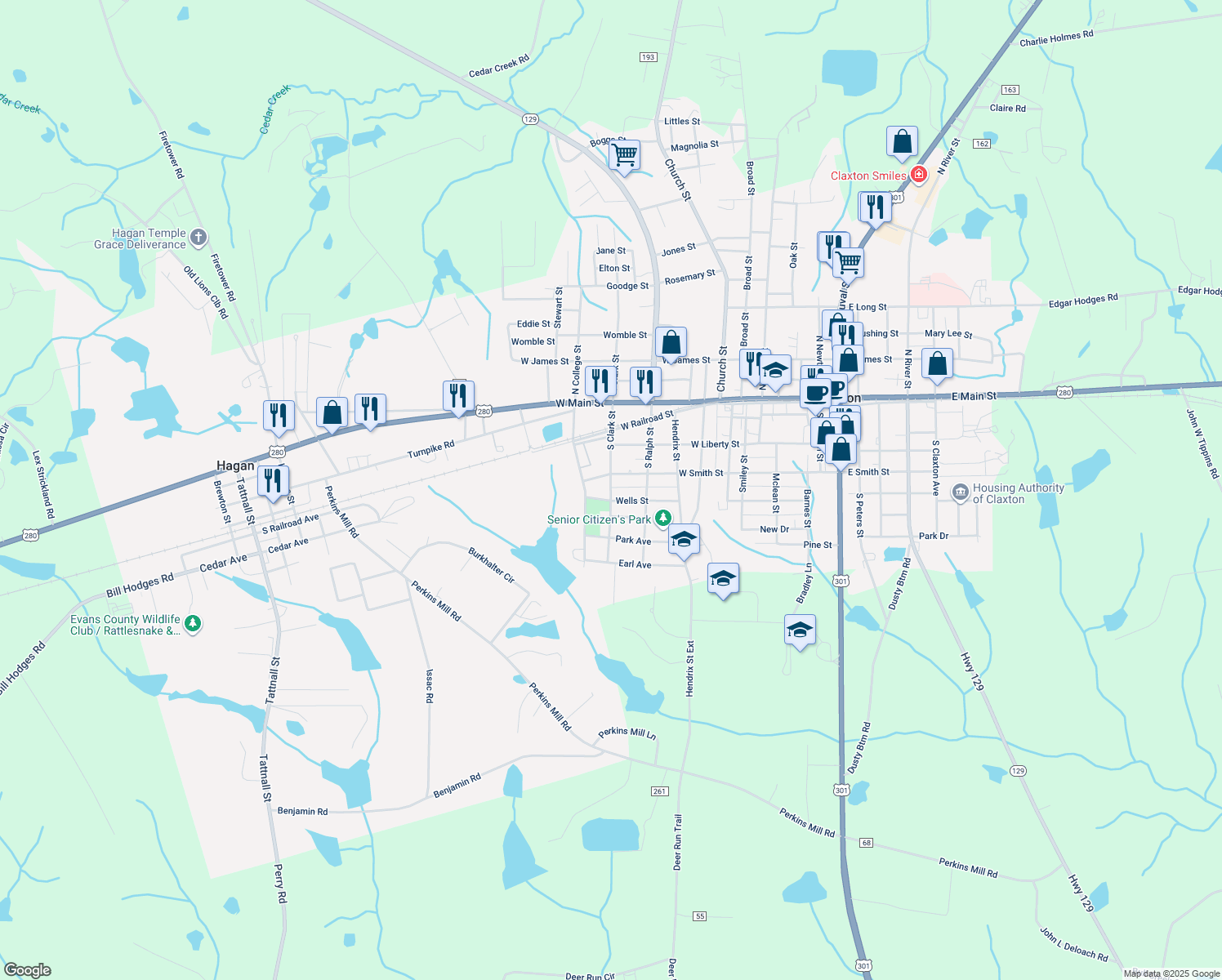 map of restaurants, bars, coffee shops, grocery stores, and more near 203 South Clark Street in Claxton