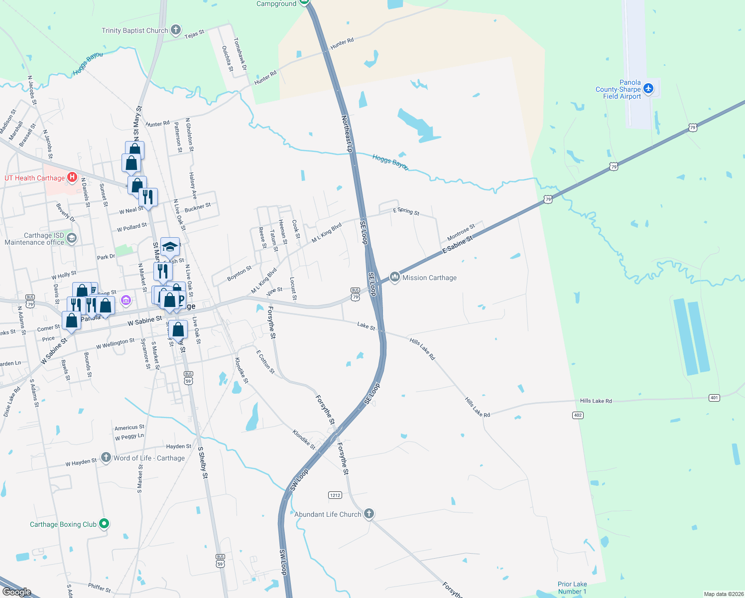 map of restaurants, bars, coffee shops, grocery stores, and more near E Sabine St in Carthage