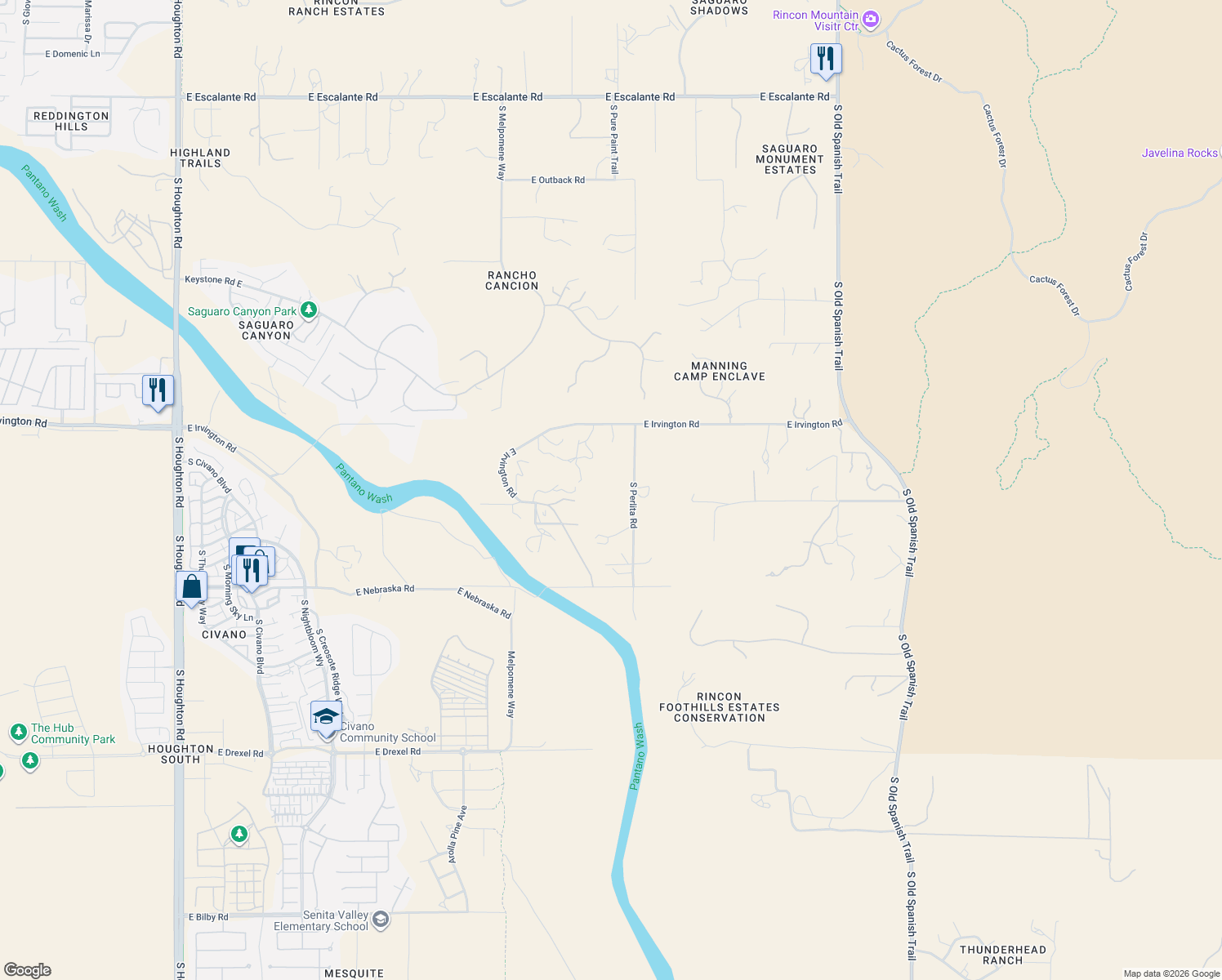 map of restaurants, bars, coffee shops, grocery stores, and more near 5052 South Perlita Road in Tucson