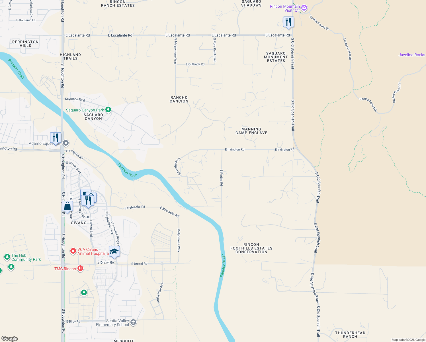 map of restaurants, bars, coffee shops, grocery stores, and more near 5052 South Perlita Road in Tucson