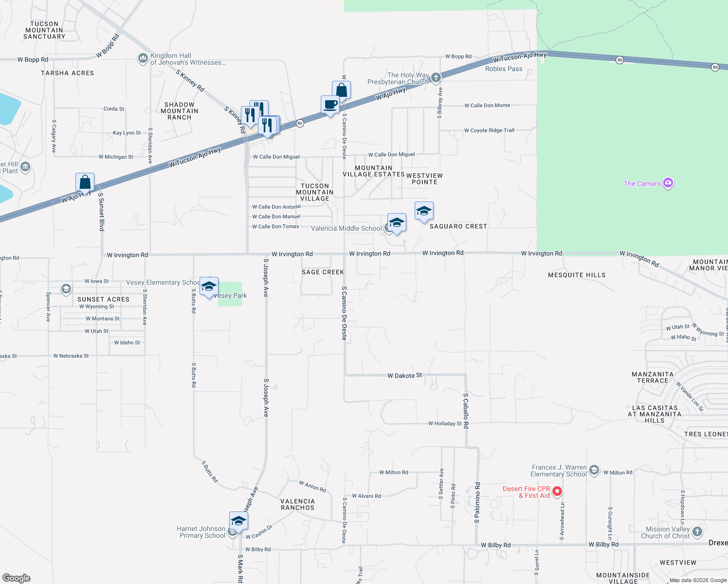 map of restaurants, bars, coffee shops, grocery stores, and more near 5077 South Camino De Oeste in Tucson