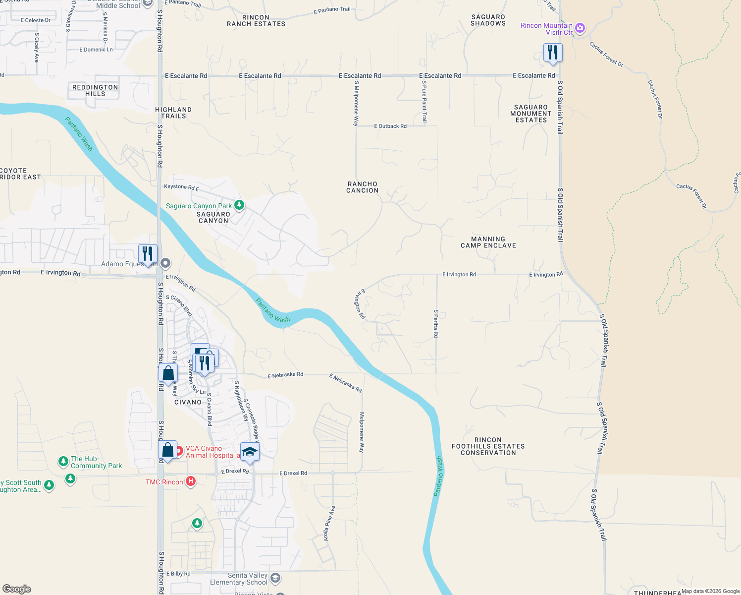 map of restaurants, bars, coffee shops, grocery stores, and more near 11120 East Irvington Road in Tucson
