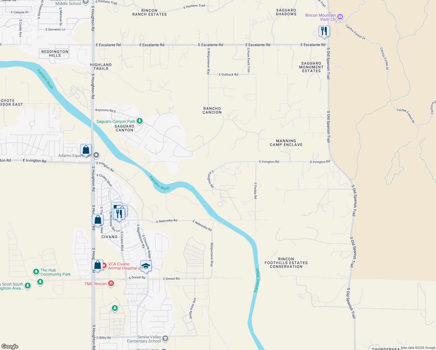 map of restaurants, bars, coffee shops, grocery stores, and more near 11120 East Irvington Road in Tucson