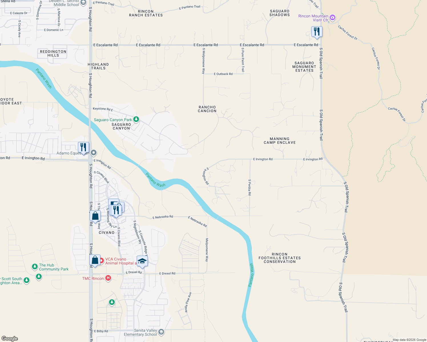 map of restaurants, bars, coffee shops, grocery stores, and more near 11120 East Irvington Road in Tucson