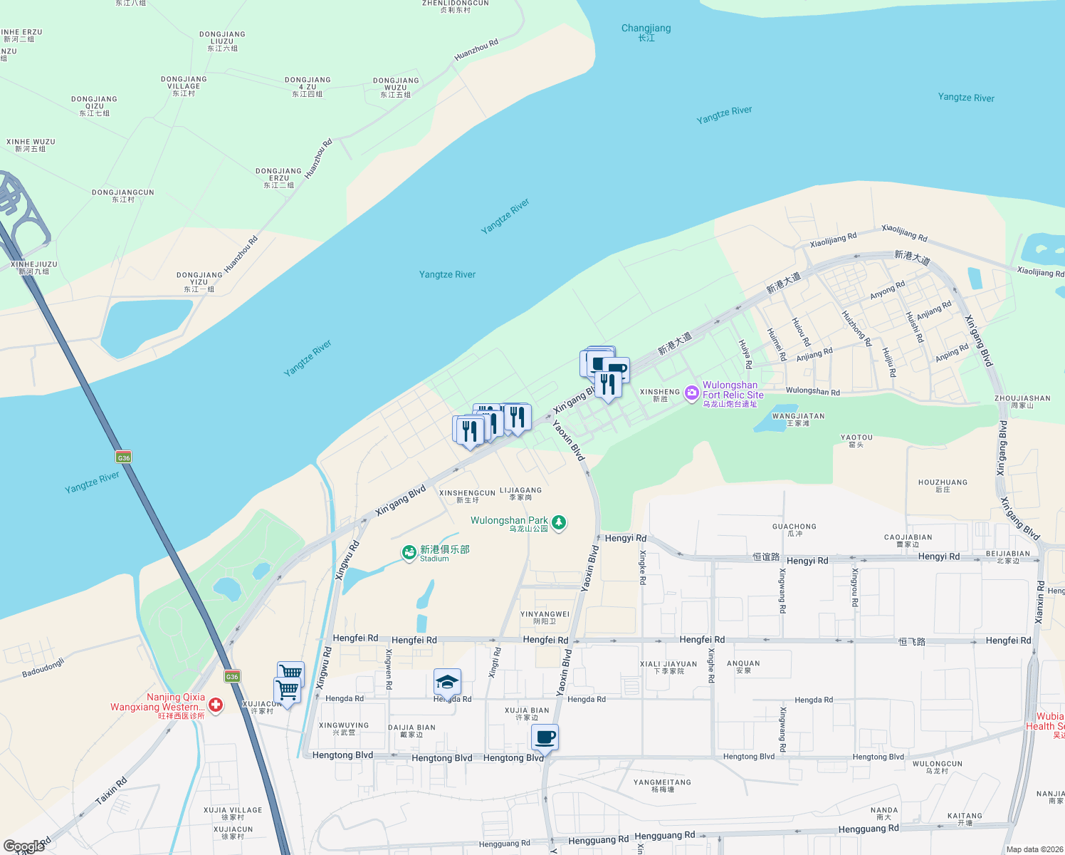 map of restaurants, bars, coffee shops, grocery stores, and more near 100 Xingang Avenue in Nanjing