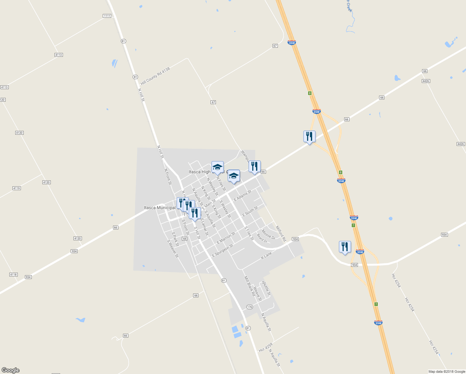 map of restaurants, bars, coffee shops, grocery stores, and more near 609 East Main Street in Itasca