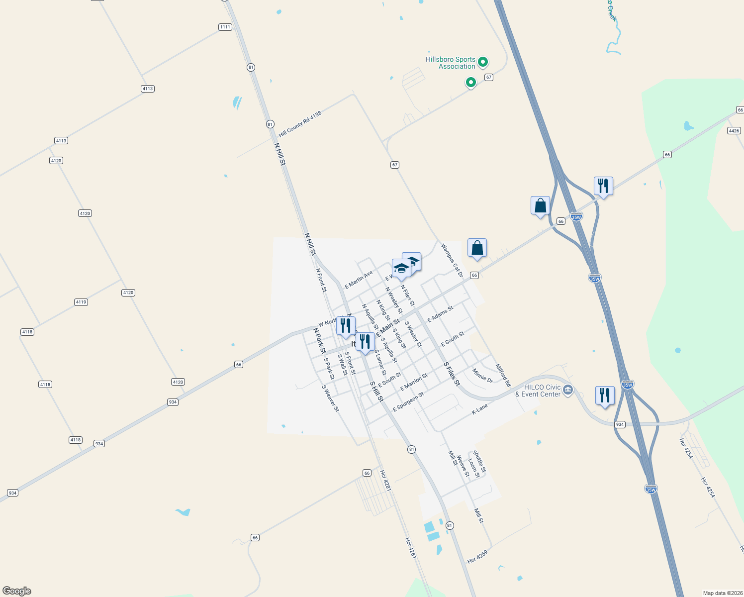 map of restaurants, bars, coffee shops, grocery stores, and more near 301 North King Street in Itasca