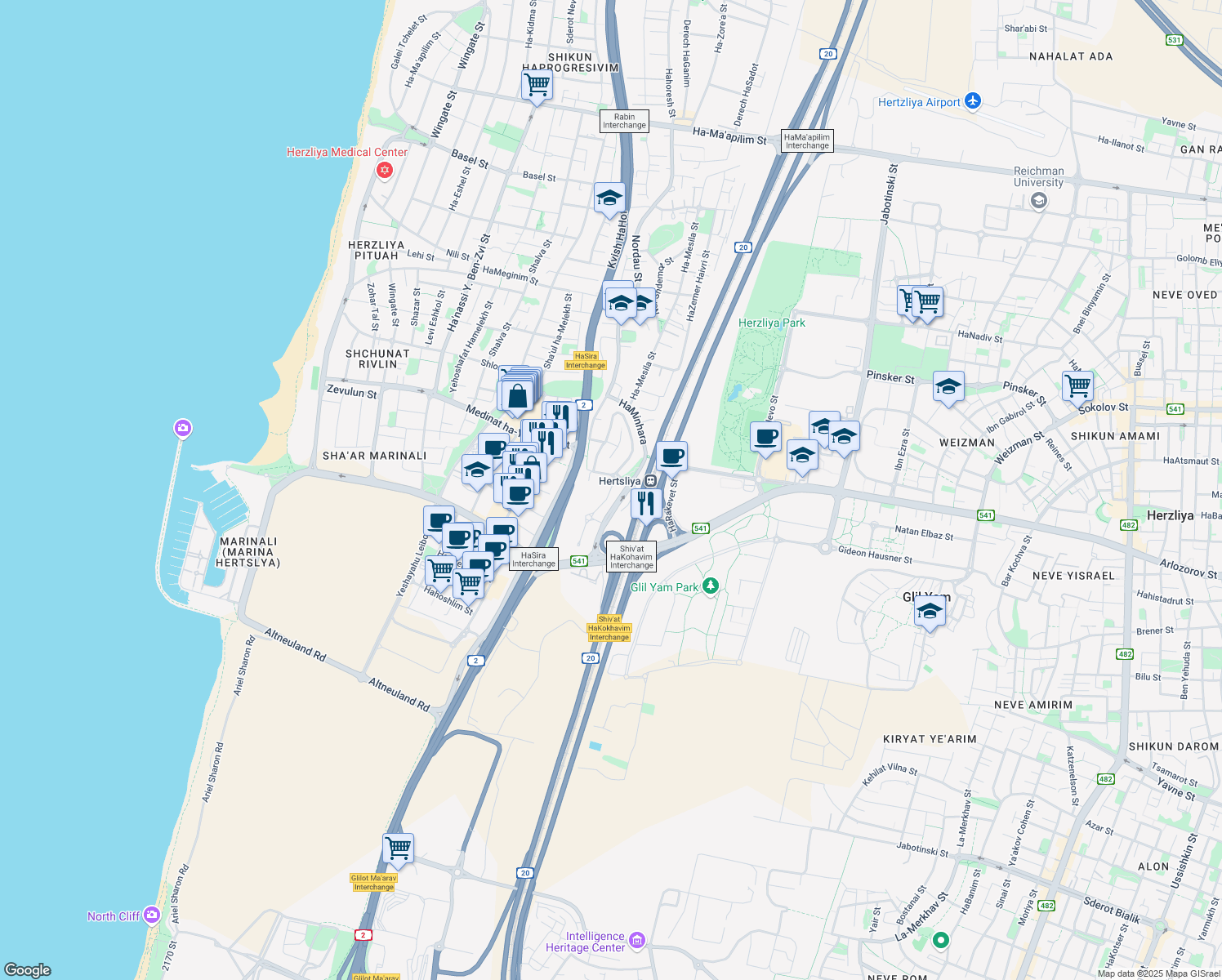 map of restaurants, bars, coffee shops, grocery stores, and more near 1 Arik Einstein Street in Herzliya