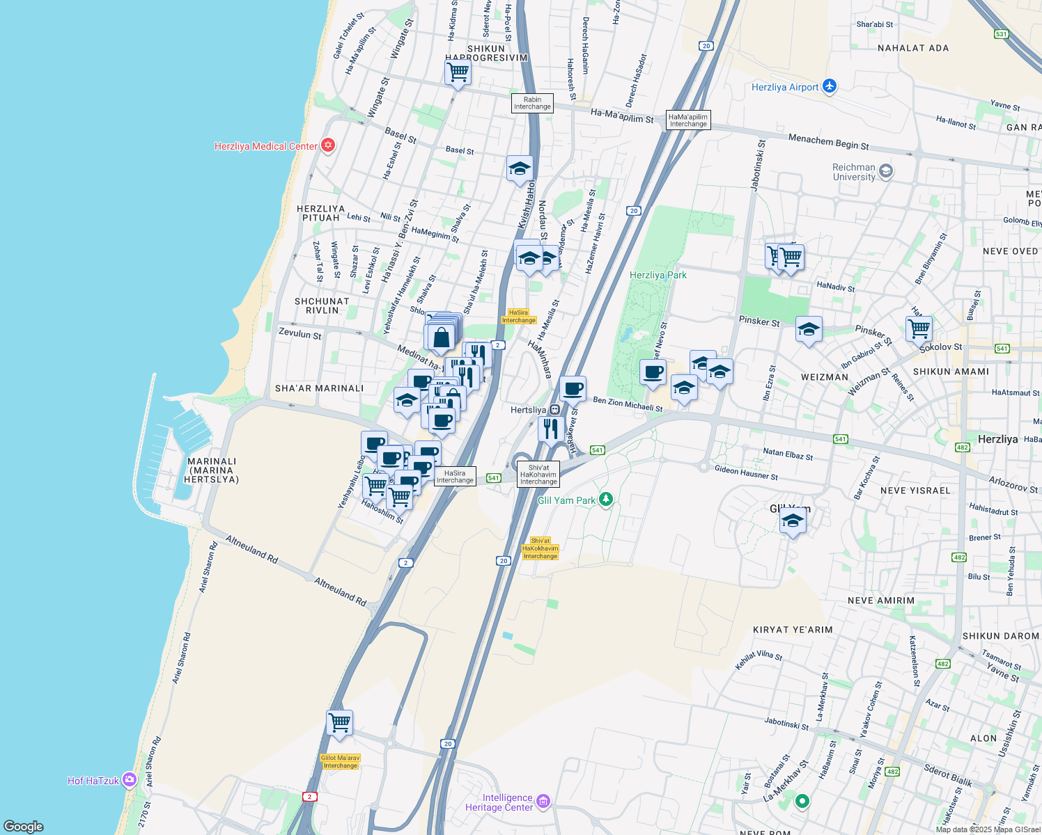 map of restaurants, bars, coffee shops, grocery stores, and more near 1 Arik Einstein Street in Herzliya