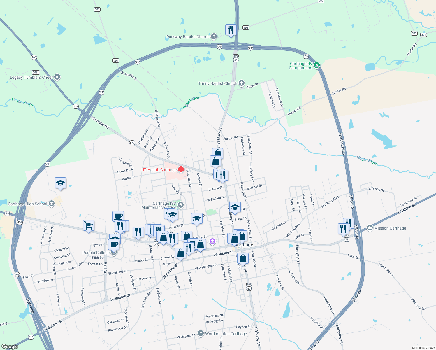 map of restaurants, bars, coffee shops, grocery stores, and more near 124 Cottage Road in Carthage