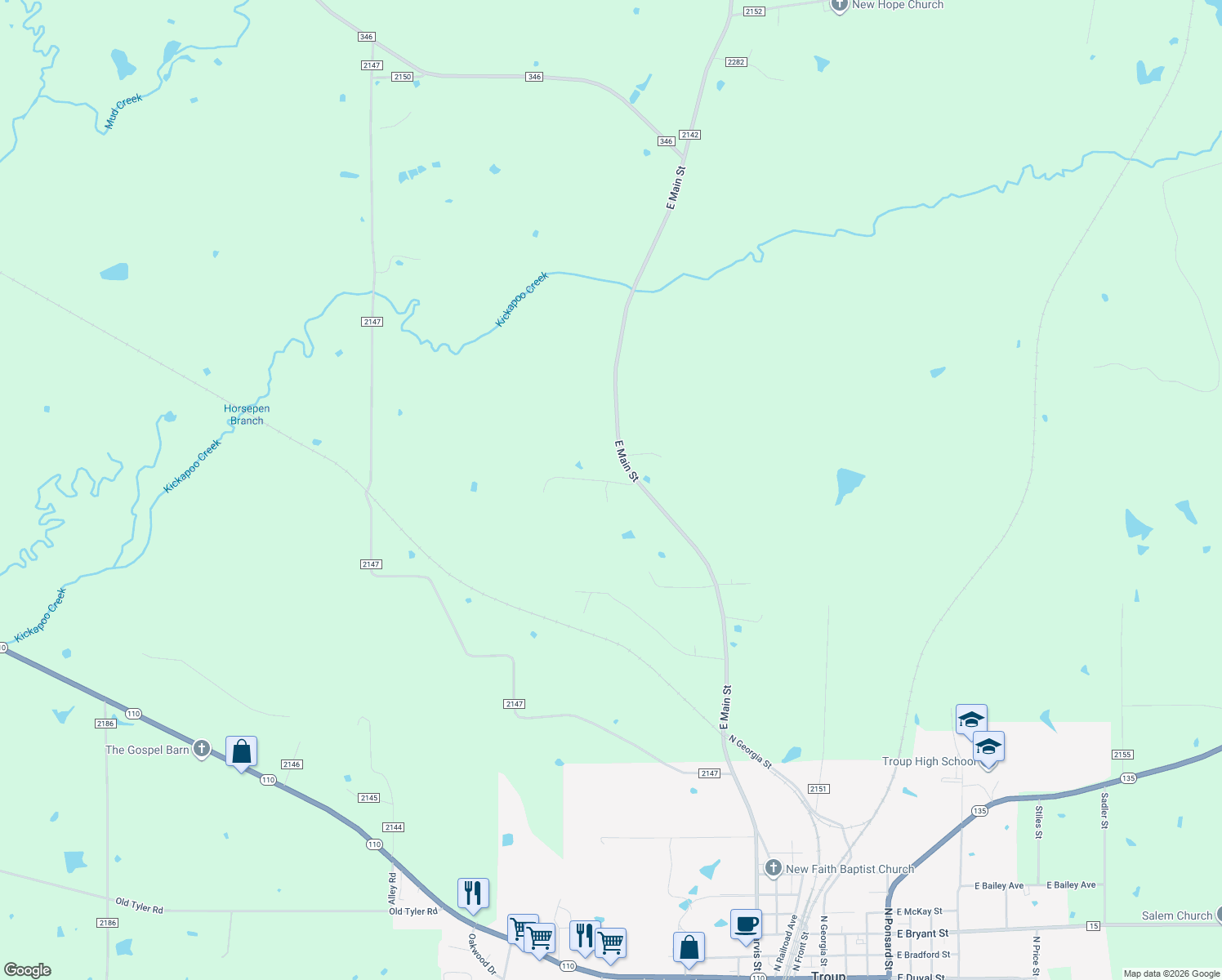 map of restaurants, bars, coffee shops, grocery stores, and more near 17880 Fm 346 E in Troup