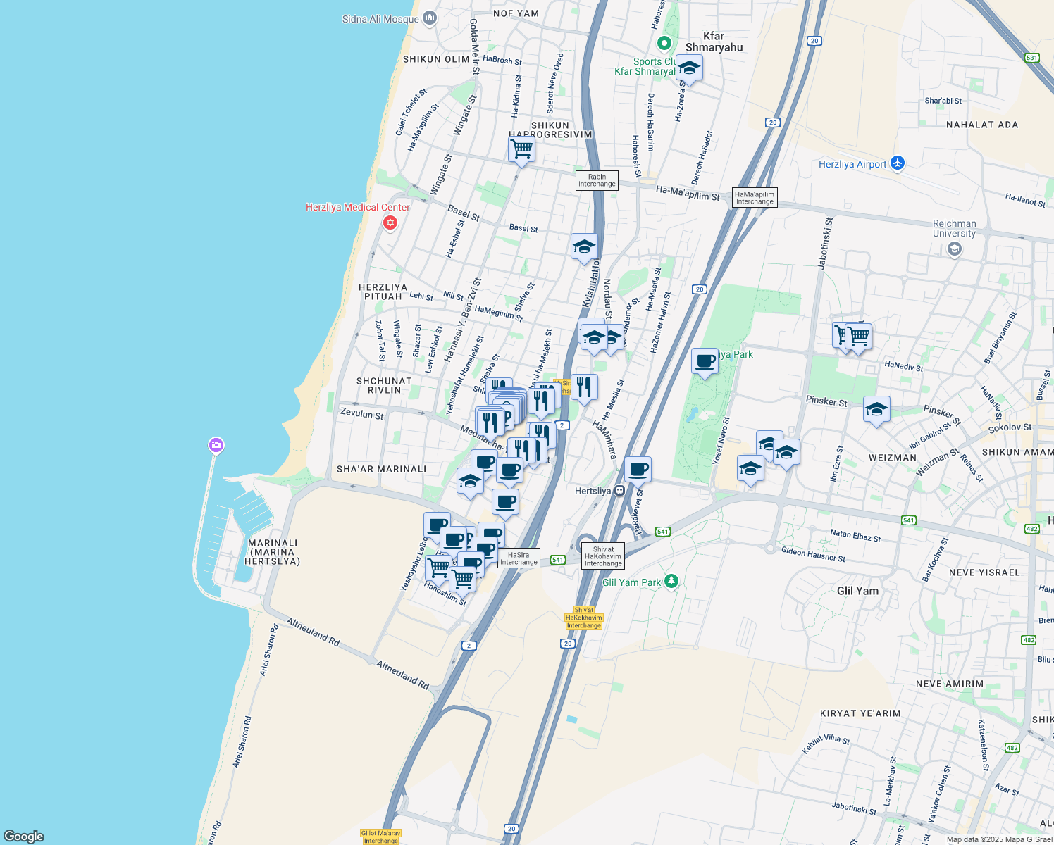 map of restaurants, bars, coffee shops, grocery stores, and more near 1 Maskit Street in Herzliya