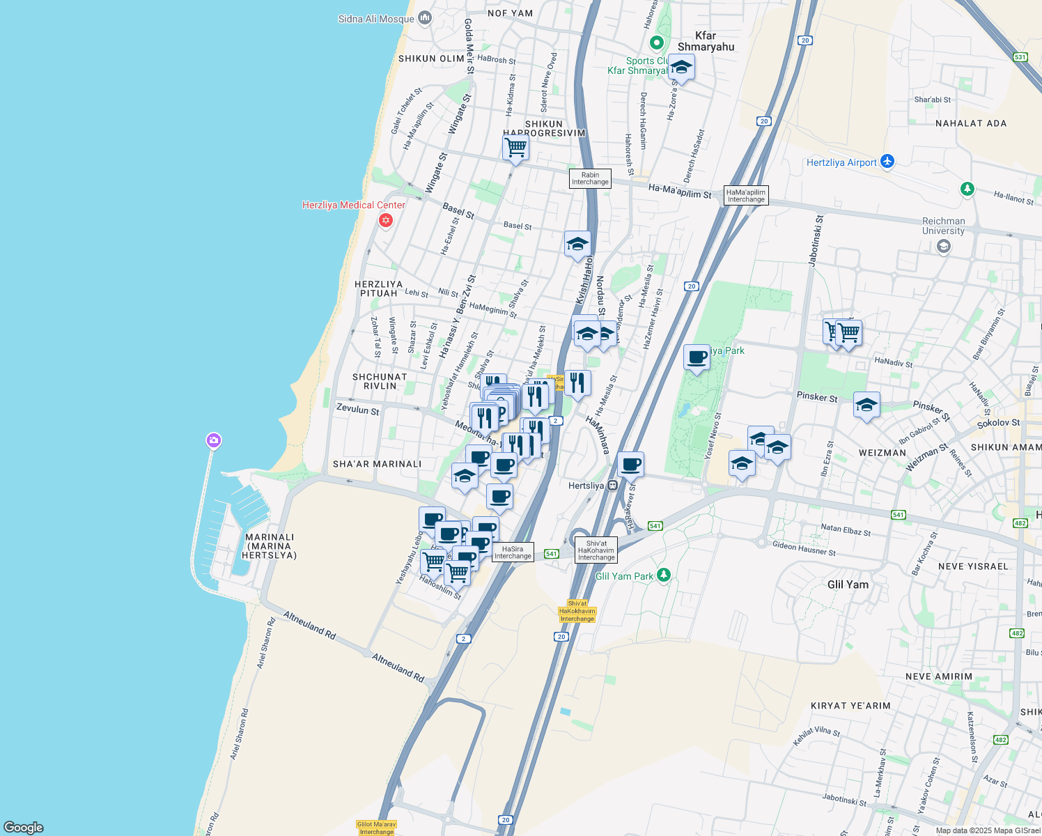 map of restaurants, bars, coffee shops, grocery stores, and more near 1 Maskit Street in Herzliya