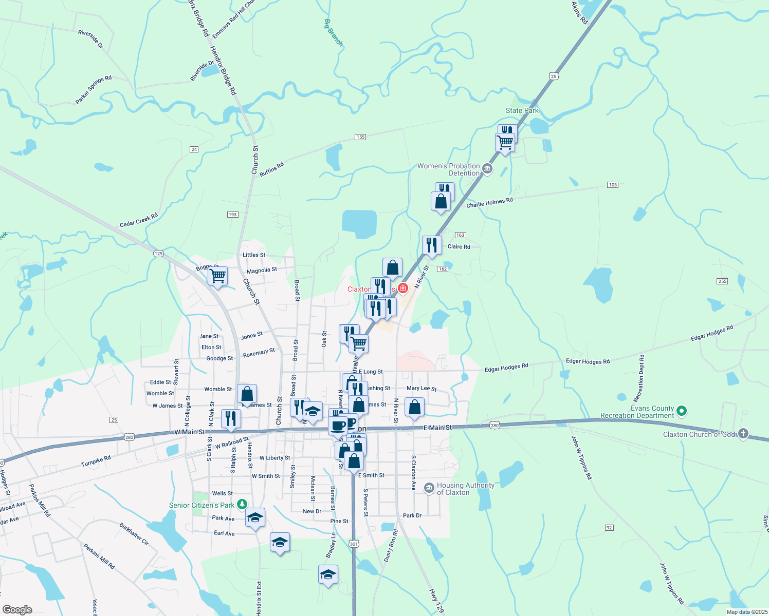 map of restaurants, bars, coffee shops, grocery stores, and more near Highway 73 in Claxton