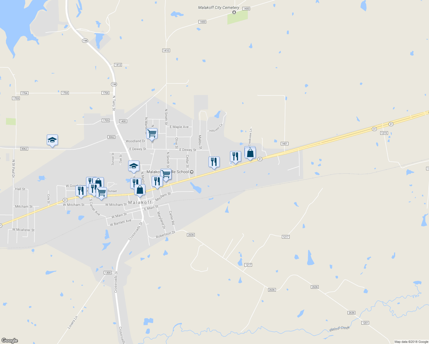 map of restaurants, bars, coffee shops, grocery stores, and more near State Highway 31 West in Malakoff