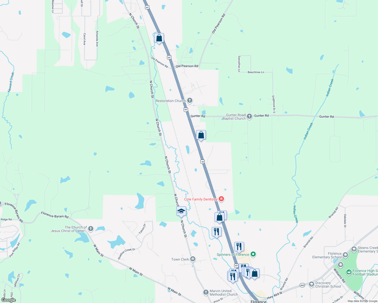 map of restaurants, bars, coffee shops, grocery stores, and more near 2407 U.S. 49 in Florence