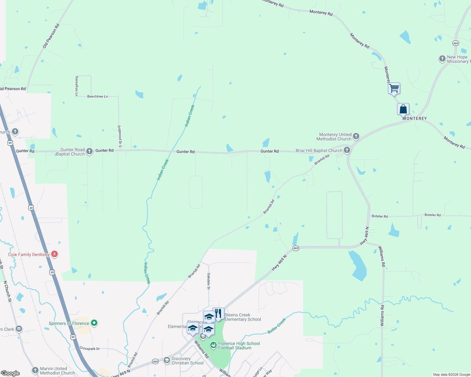 map of restaurants, bars, coffee shops, grocery stores, and more near 1448 Gunter Road in Florence