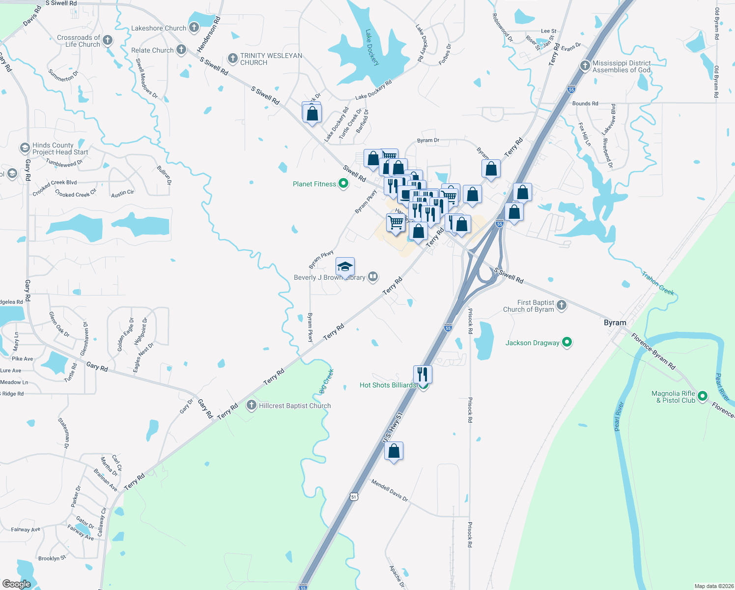 map of restaurants, bars, coffee shops, grocery stores, and more near 5909 Terry Road in Byram