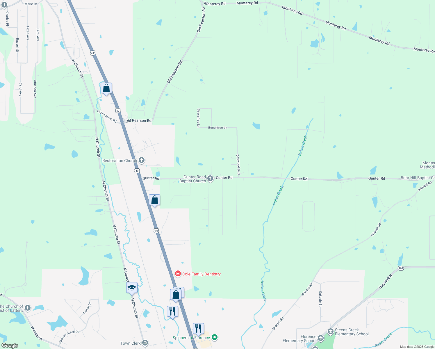 map of restaurants, bars, coffee shops, grocery stores, and more near 1231 Gunter Road in Florence
