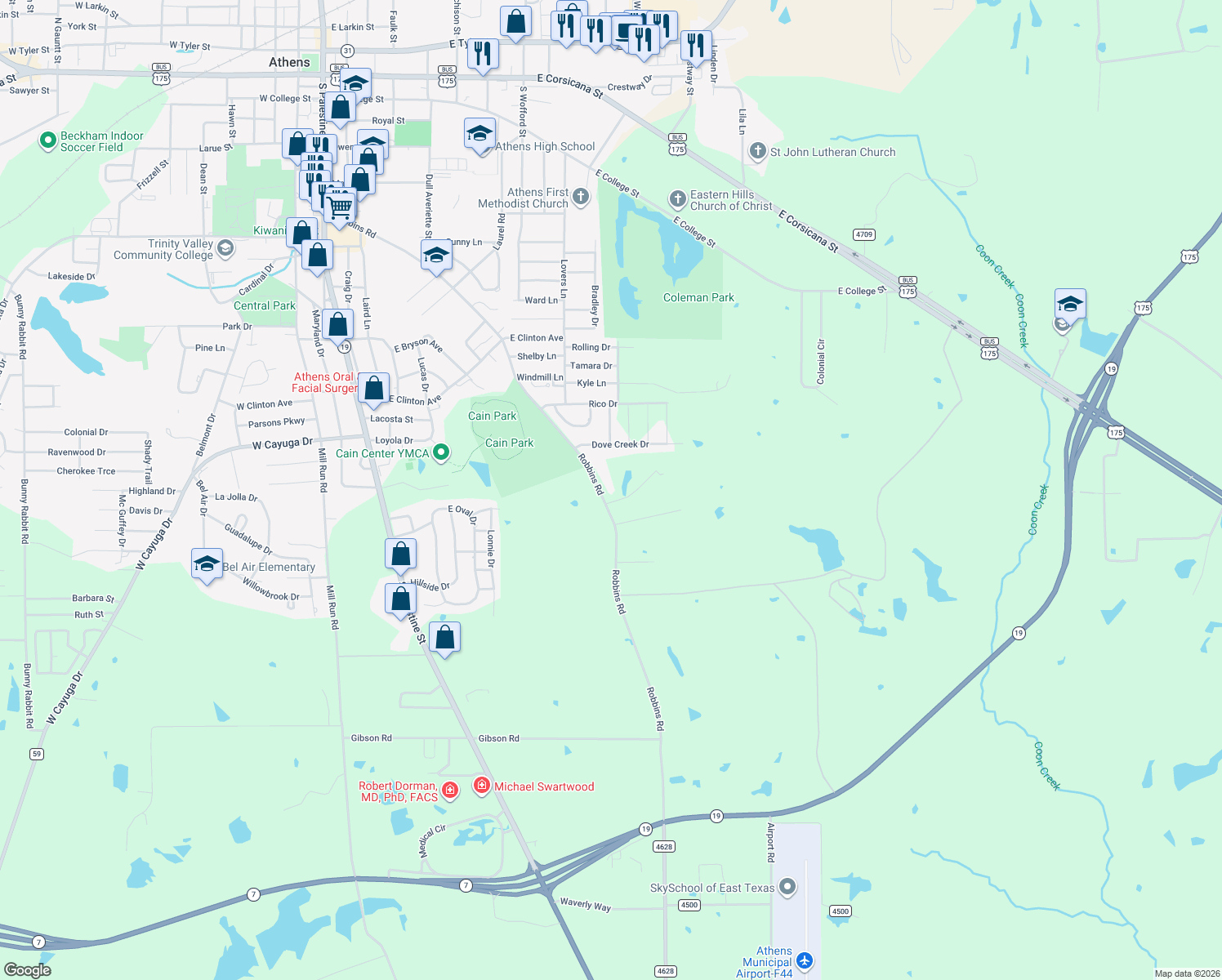 map of restaurants, bars, coffee shops, grocery stores, and more near 1109 Robbins Road in Athens